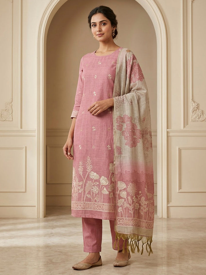 Onion Pink Chanderi Printed Unstitched Dress Material