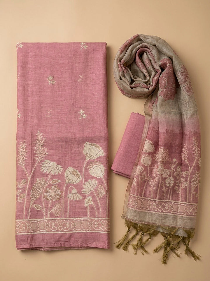 Onion Pink Chanderi Printed Unstitched Dress Material