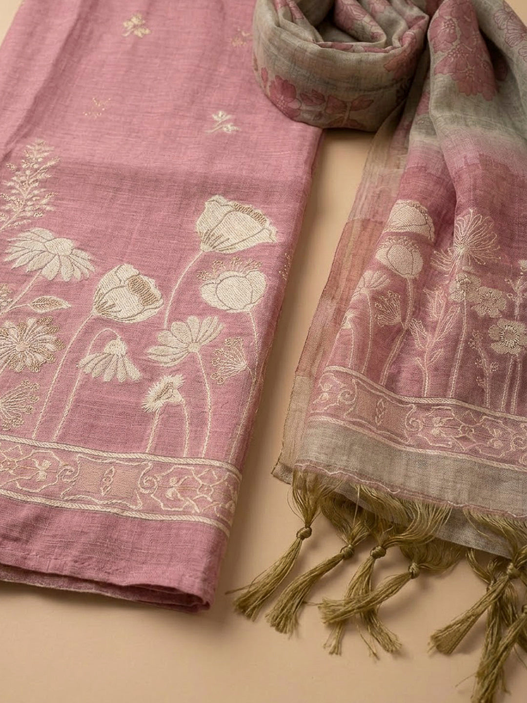 Onion Pink Chanderi Printed Unstitched Dress Material