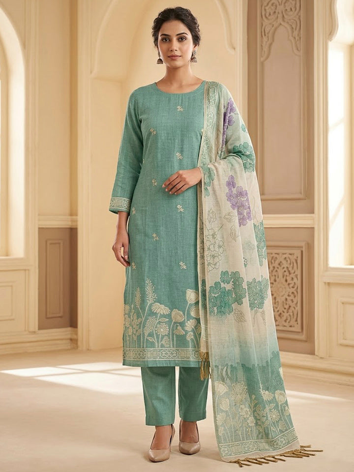 Sea Green Chanderi Printed Unstitched Dress Material