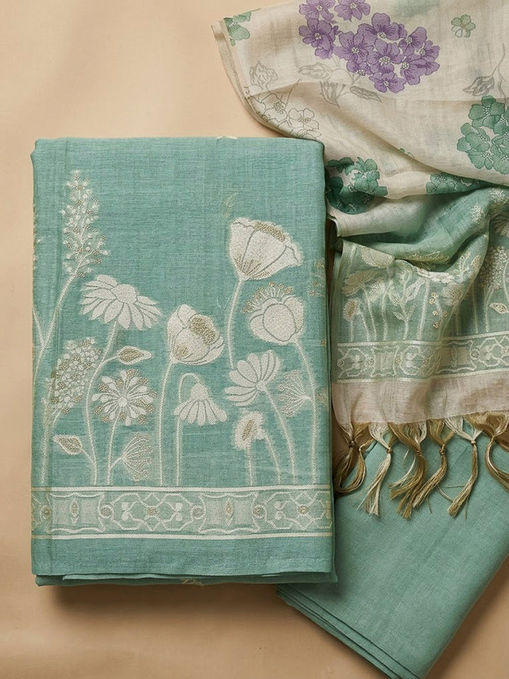 Sea Green Chanderi Printed Unstitched Dress Material