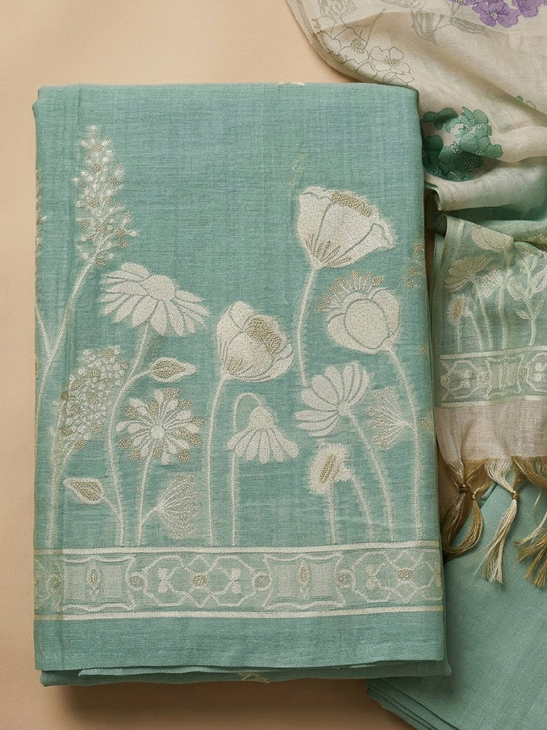 Sea Green Chanderi Printed Unstitched Dress Material