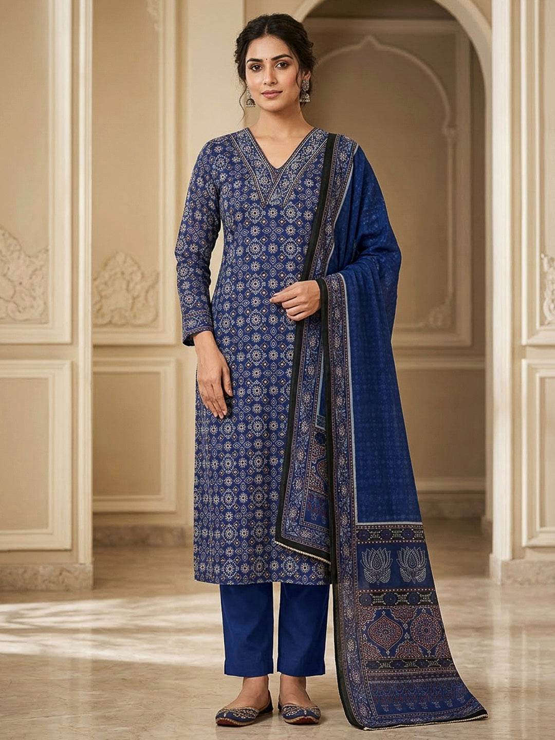 Blue Chanderi Printed Unstitched Dress Material