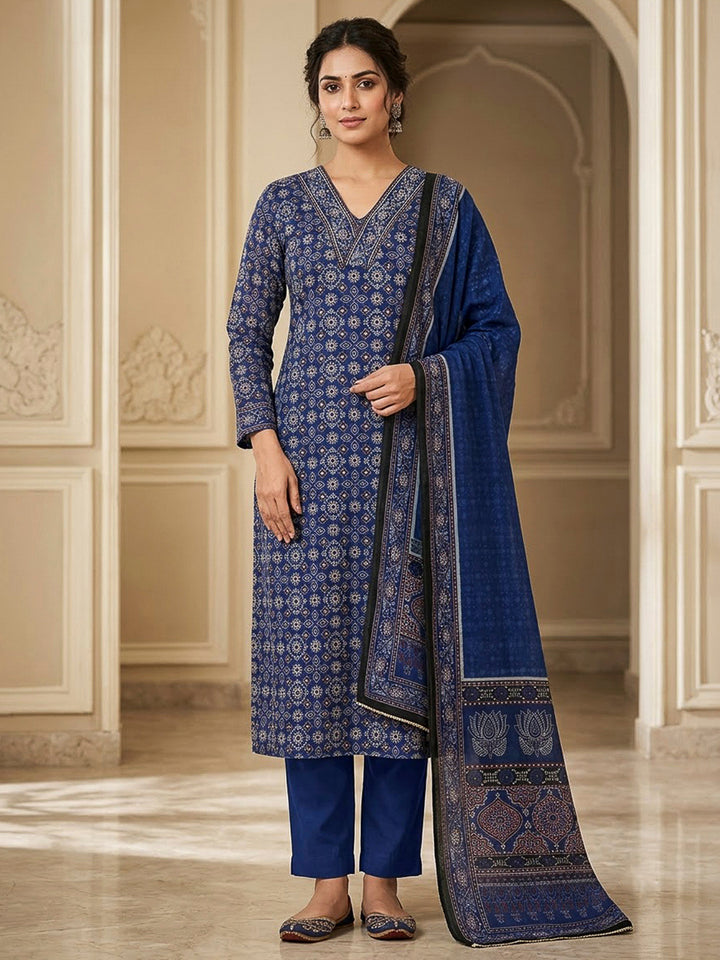 Blue Chanderi Printed Unstitched Dress Material