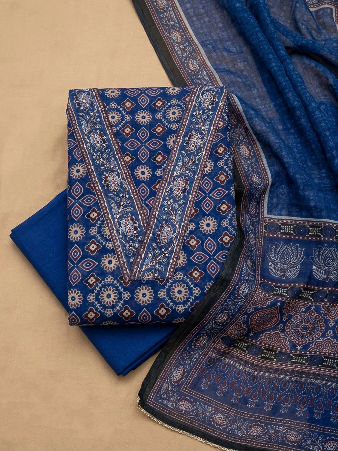 Blue Chanderi Printed Unstitched Dress Material