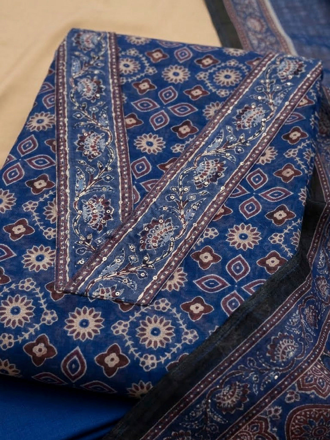 Blue Chanderi Printed Unstitched Dress Material