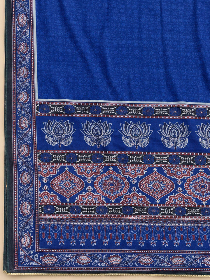 Blue Chanderi Printed Unstitched Dress Material