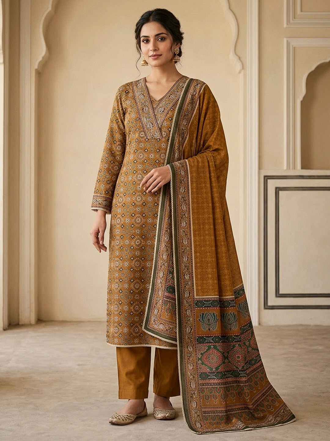 Mustard Chanderi Printed Unstitched Dress Material