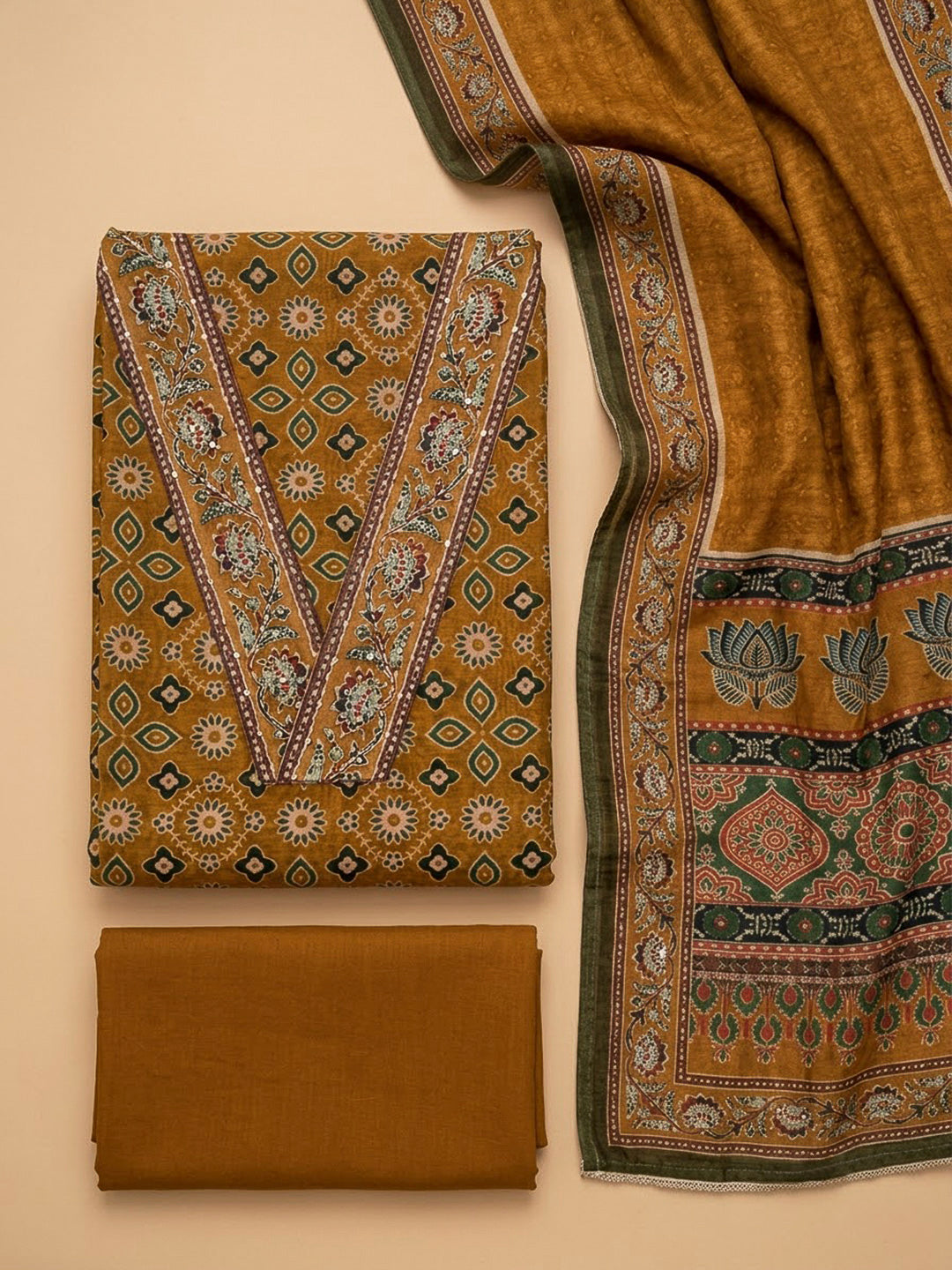 Mustard Chanderi Printed Unstitched Dress Material