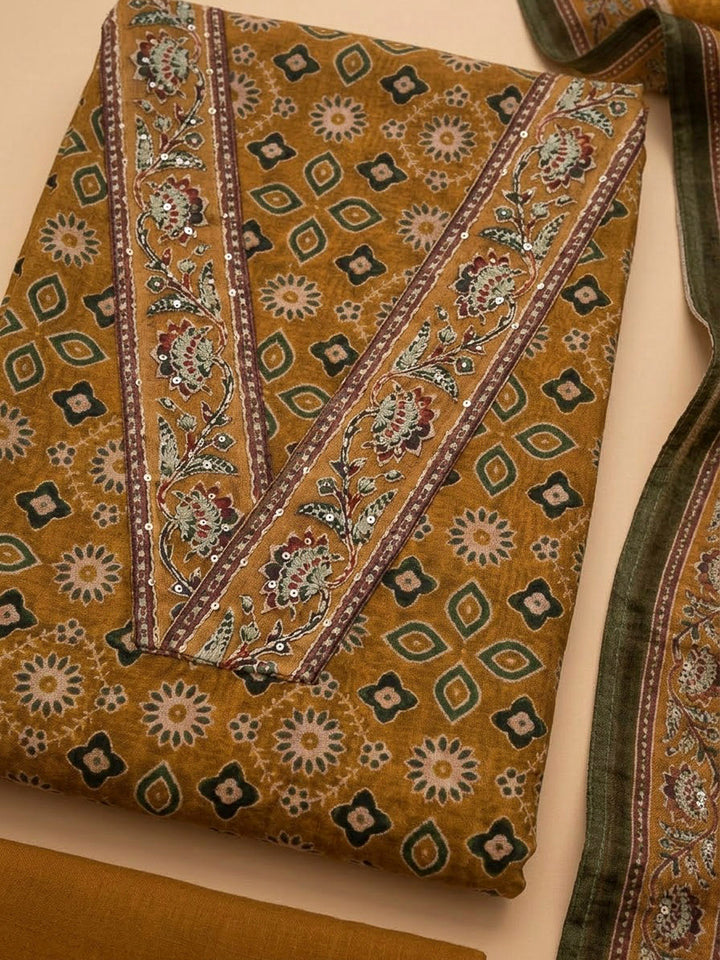 Mustard Chanderi Printed Unstitched Dress Material