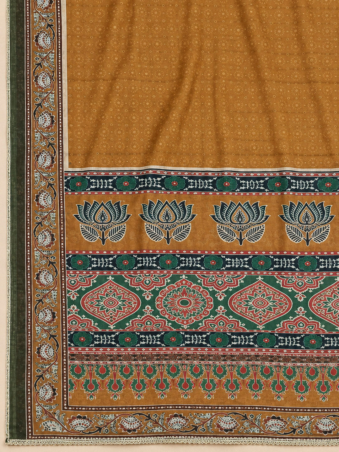 Mustard Chanderi Printed Unstitched Dress Material