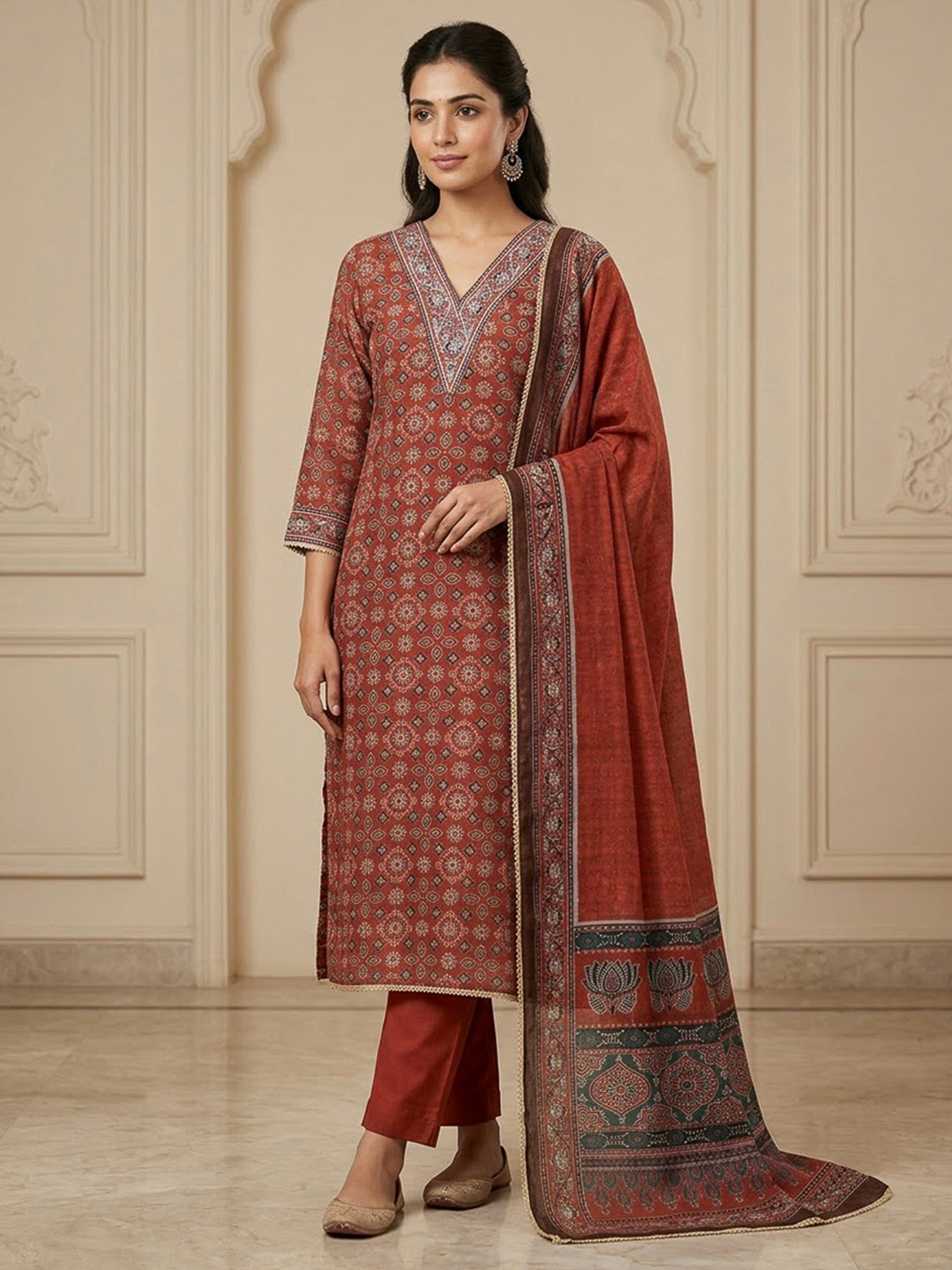 Red Chanderi Printed Unstitched Dress Material
