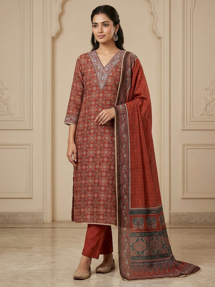 Red Chanderi Printed Unstitched Dress Material