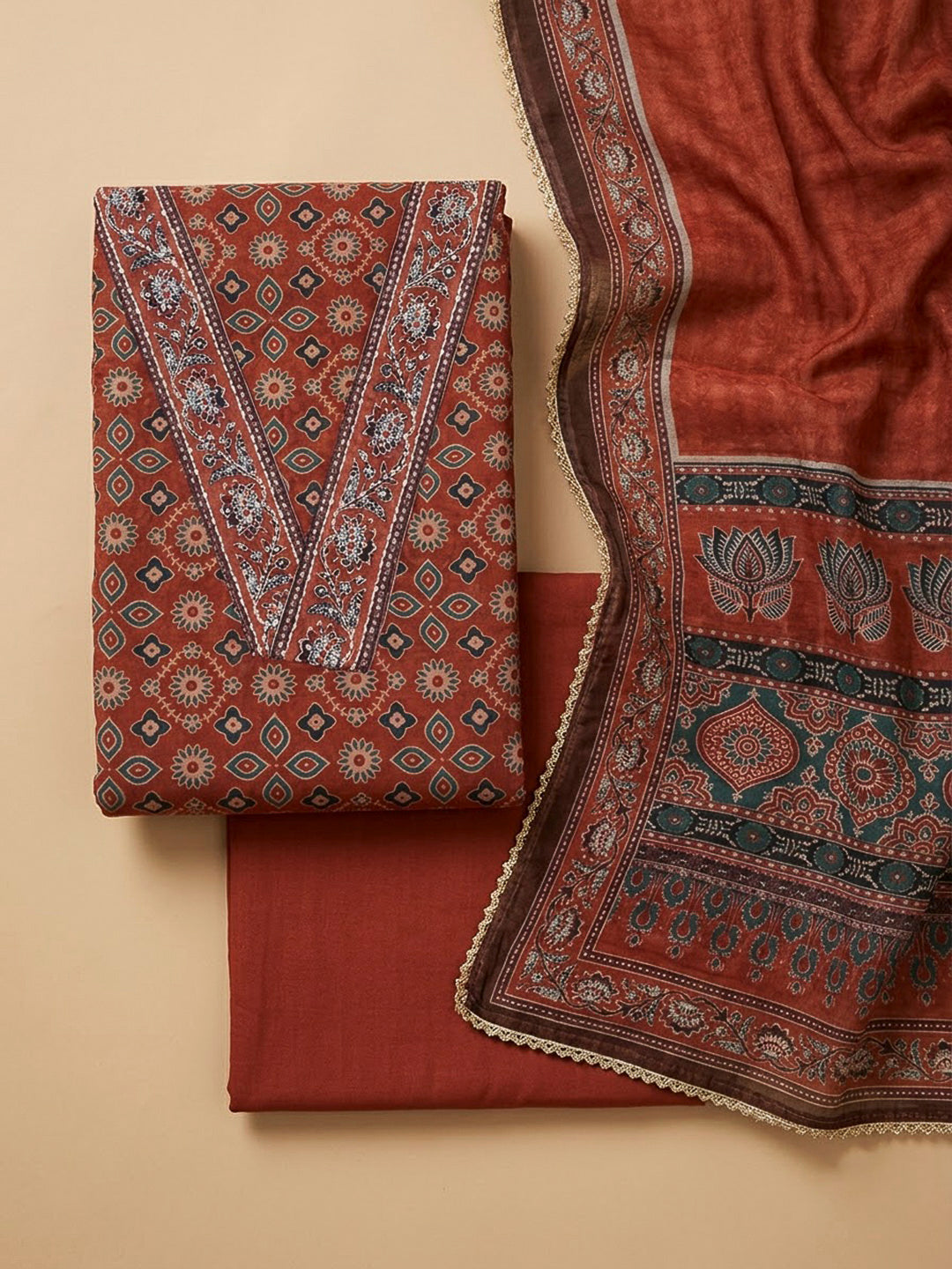 Red Chanderi Printed Unstitched Dress Material