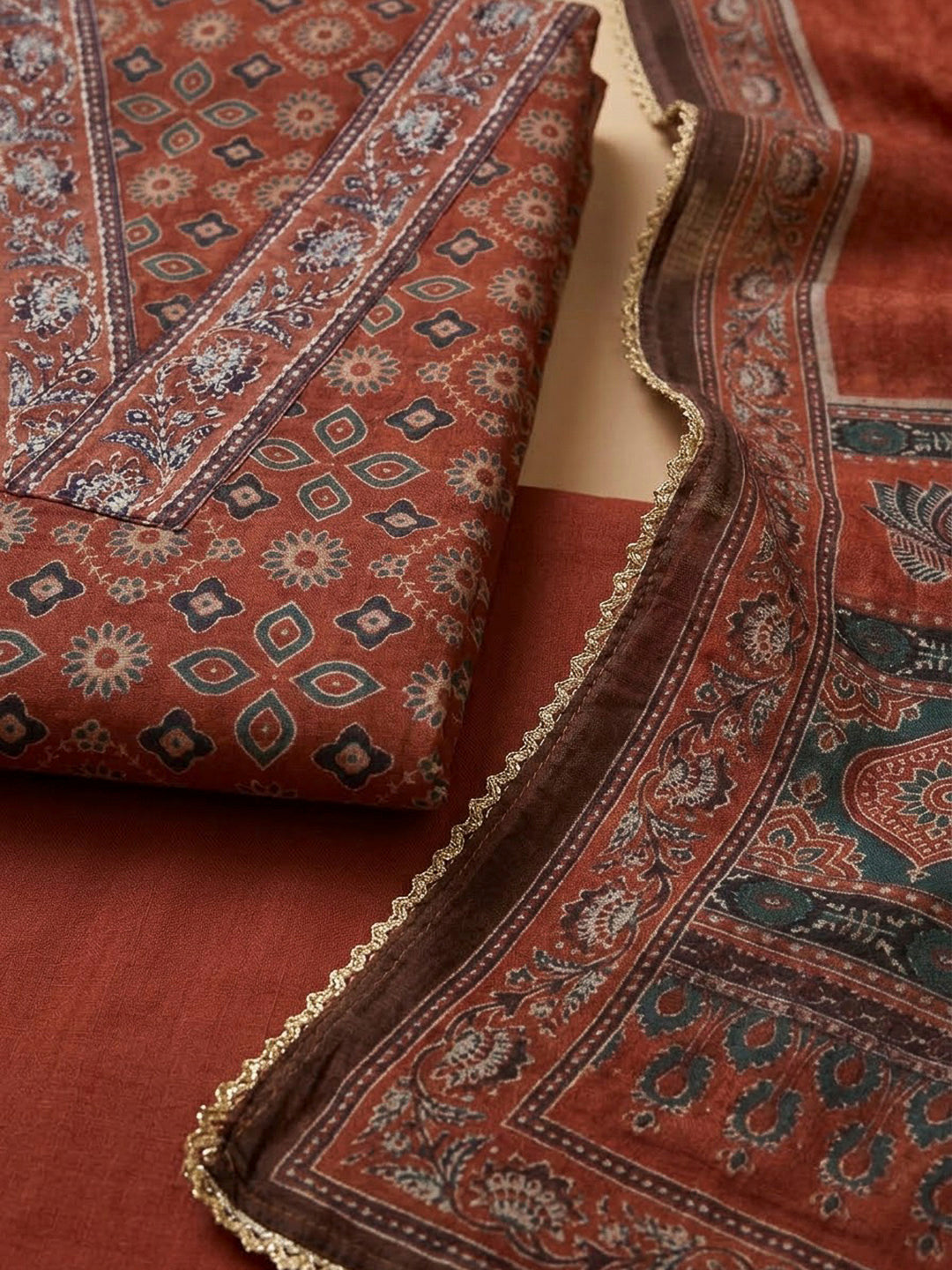 Red Chanderi Printed Unstitched Dress Material