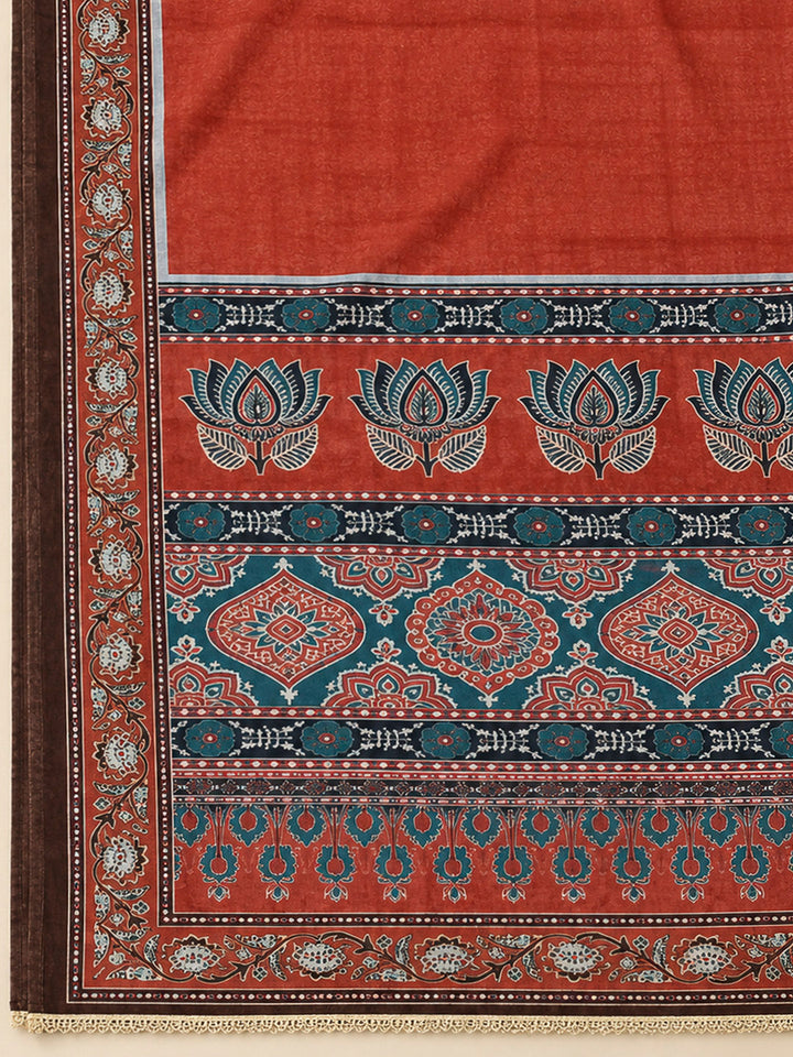 Red Chanderi Printed Unstitched Dress Material