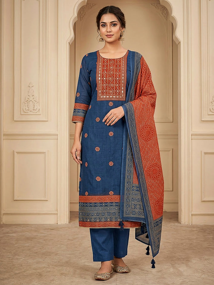 Blue Chanderi Printed Unstitched Dress Material