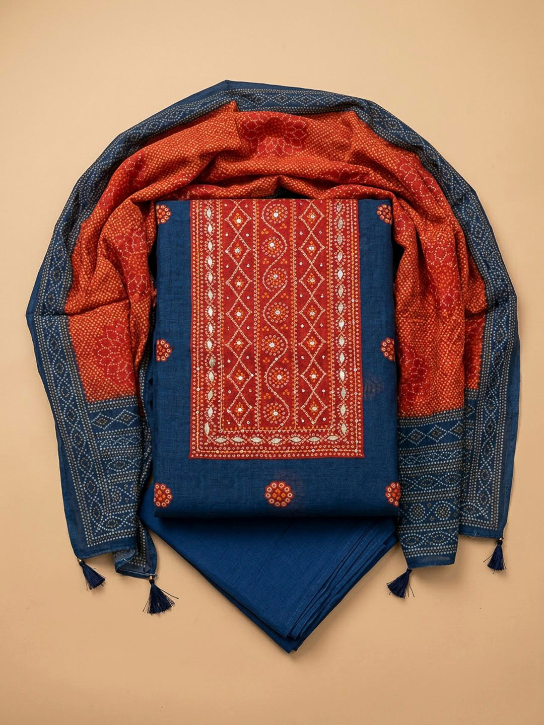 Blue Chanderi Printed Unstitched Dress Material