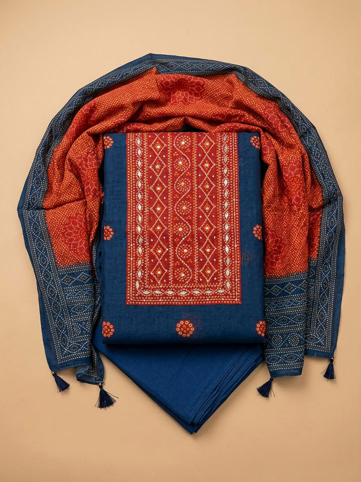Blue Chanderi Printed Unstitched Dress Material