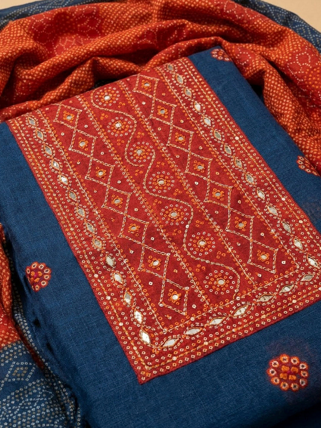 Blue Chanderi Printed Unstitched Dress Material