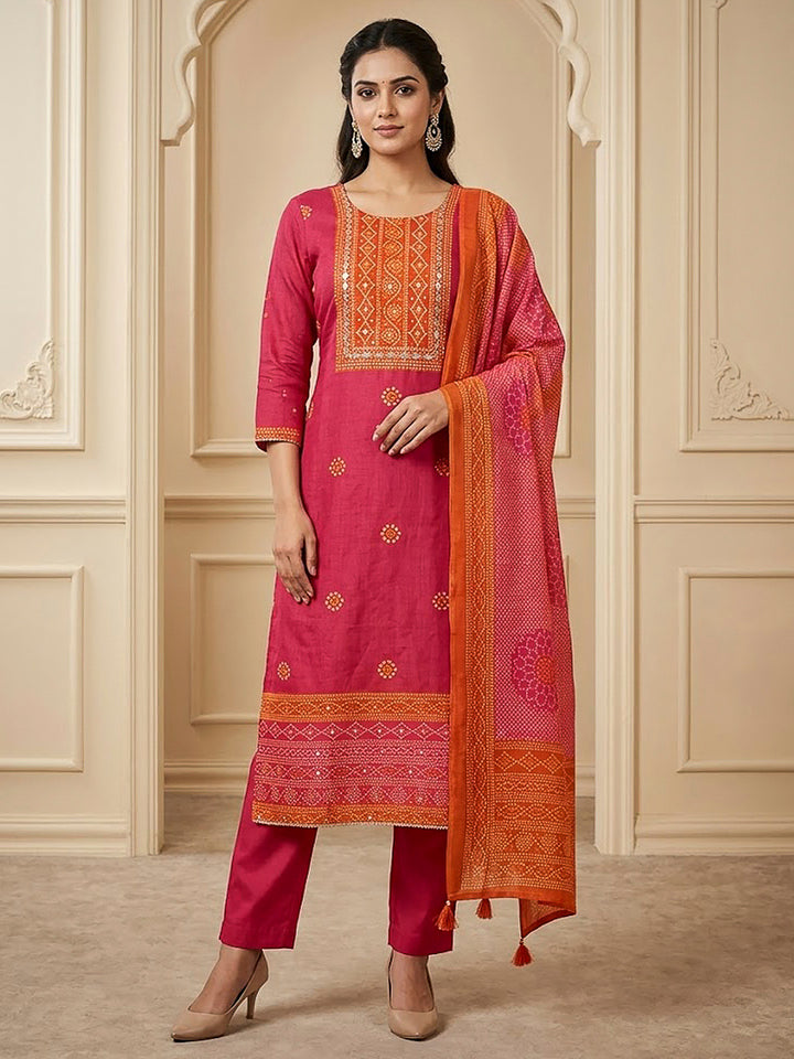 Hot Pink Chanderi Printed Unstitched Dress Material