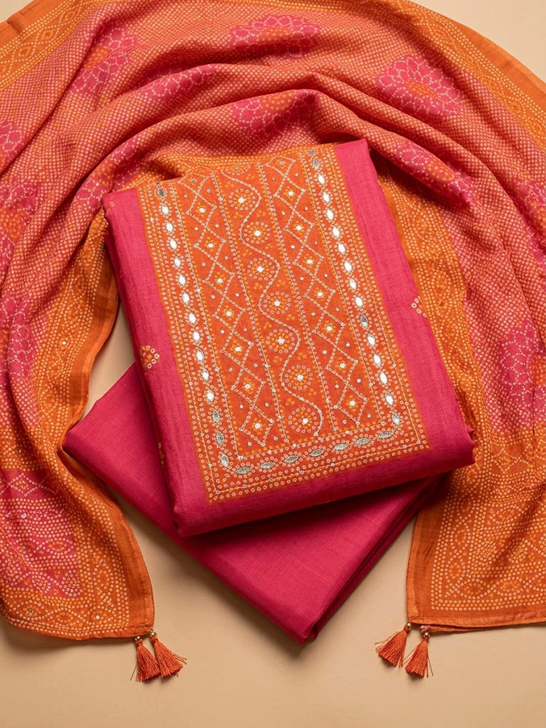 Hot Pink Chanderi Printed Unstitched Dress Material