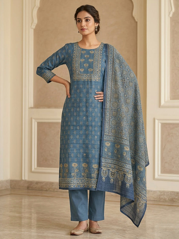 Blue Tussar Embroidered Unstitched Dress Material