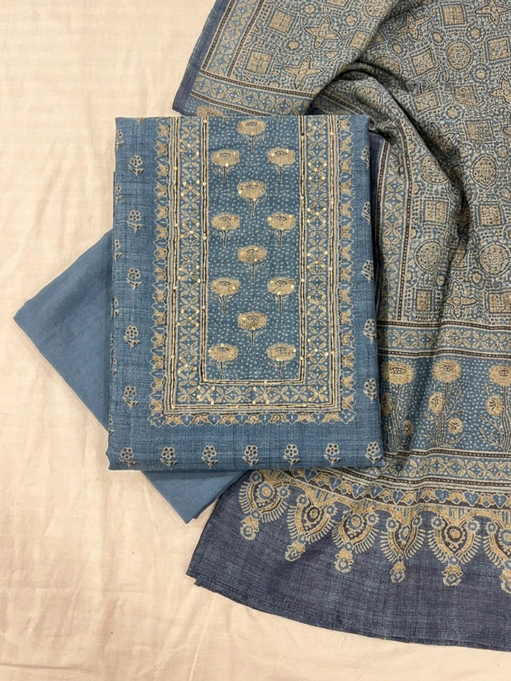 Blue Tussar Embroidered Unstitched Dress Material
