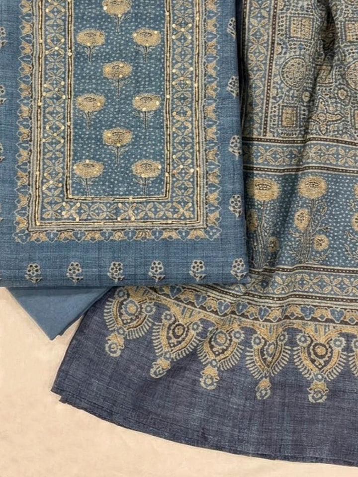 Blue Tussar Embroidered Unstitched Dress Material
