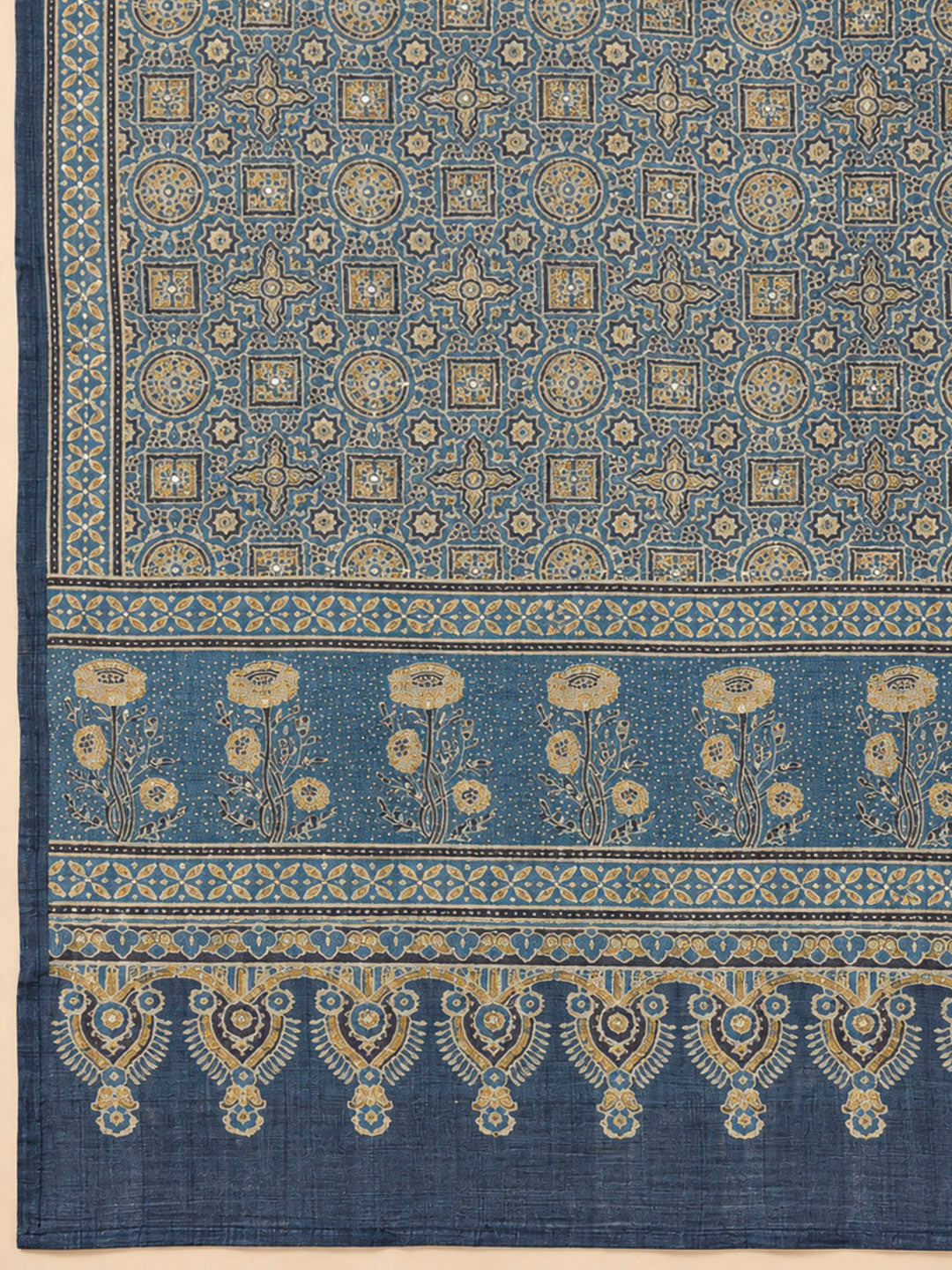 Blue Tussar Embroidered Unstitched Dress Material