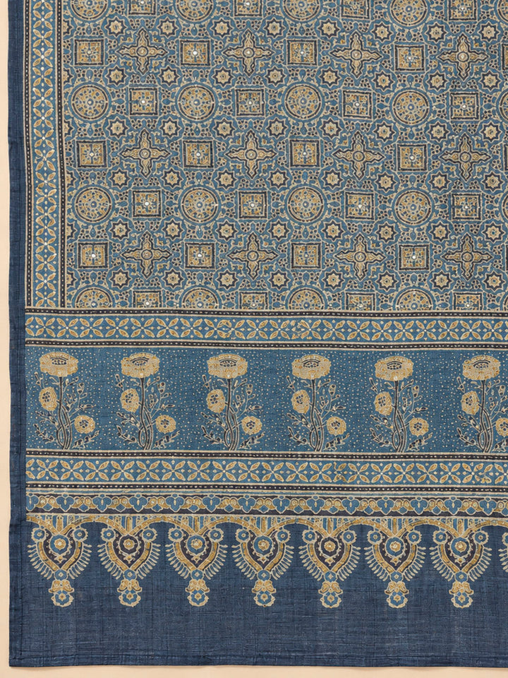 Blue Tussar Embroidered Unstitched Dress Material