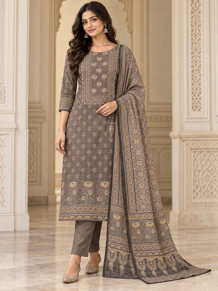 Brown Tussar Embroidered Unstitched Dress Material