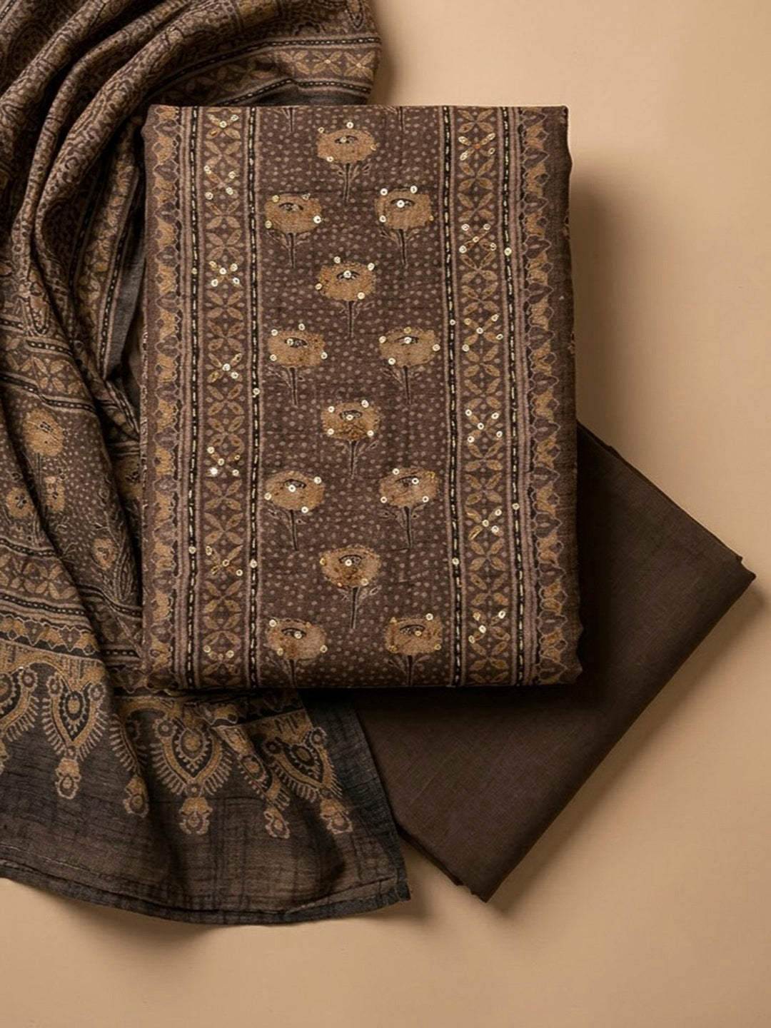 Brown Tussar Embroidered Unstitched Dress Material