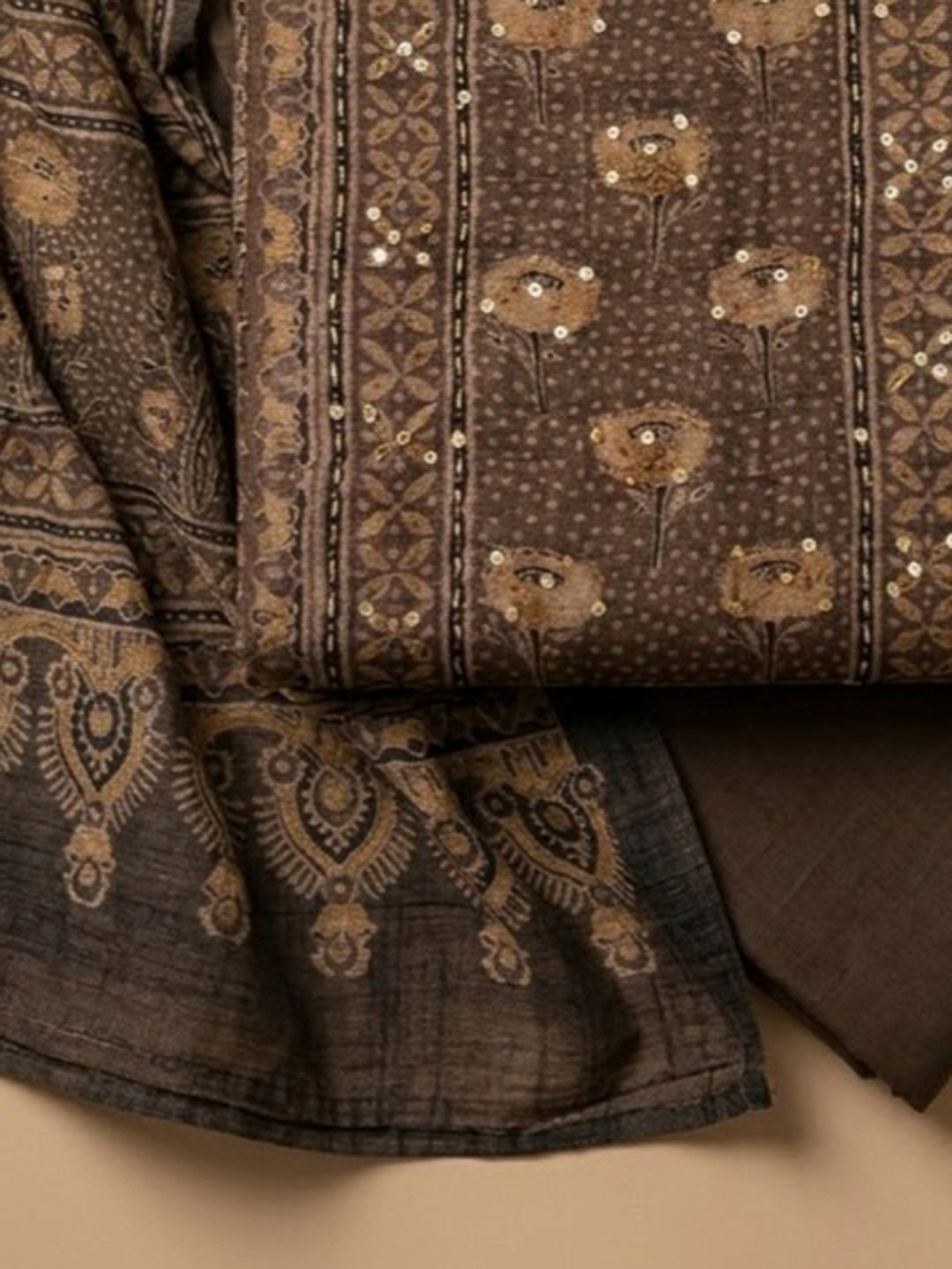 Brown Tussar Embroidered Unstitched Dress Material