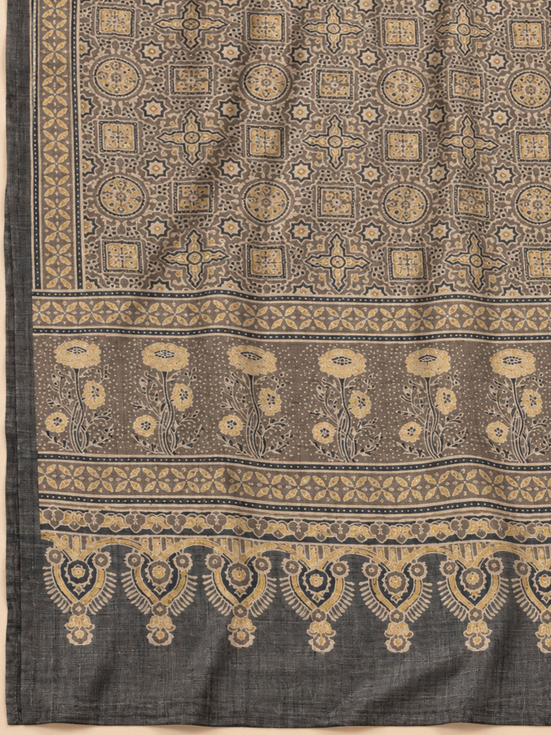 Brown Tussar Embroidered Unstitched Dress Material