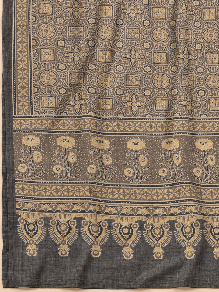 Brown Tussar Embroidered Unstitched Dress Material