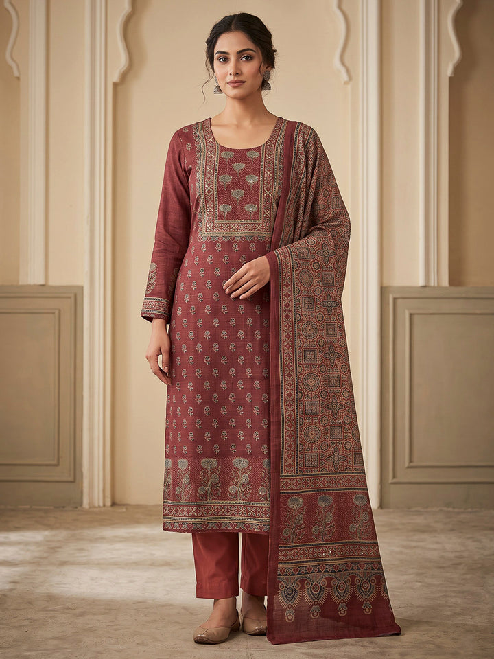 Maroon Tussar Embroidered Unstitched Dress Material