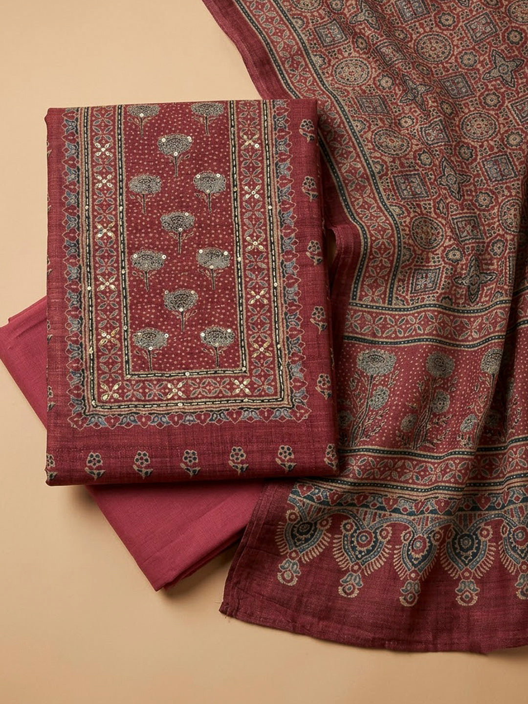 Maroon Tussar Embroidered Unstitched Dress Material