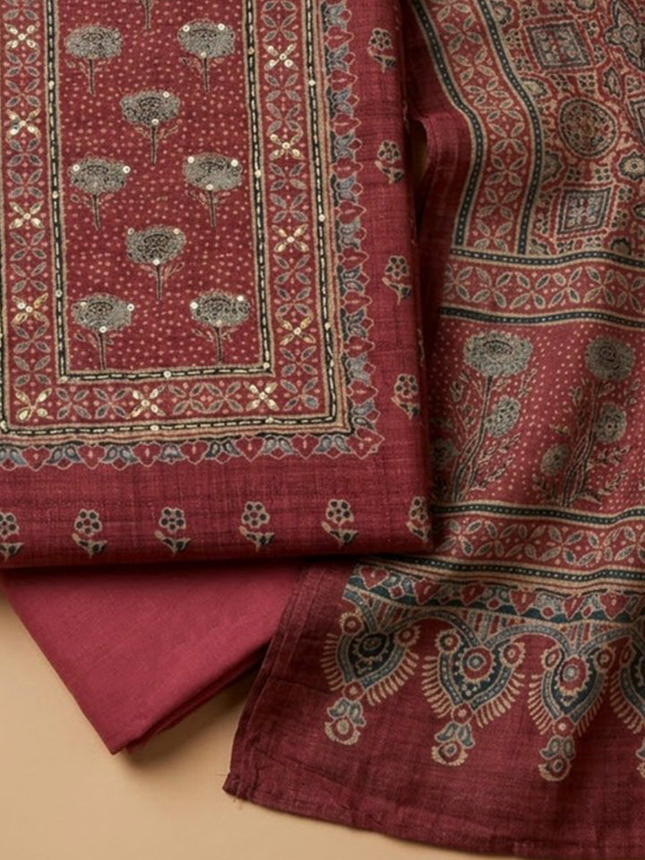 Maroon Tussar Embroidered Unstitched Dress Material