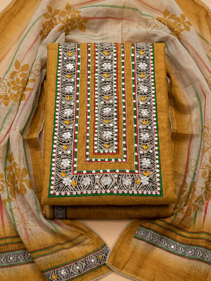 Mustard Chanderi Printed Unstitched Dress Material