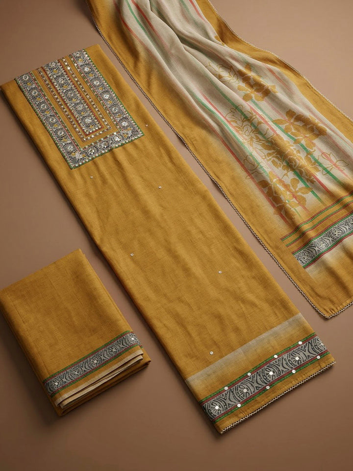 Mustard Chanderi Printed Unstitched Dress Material