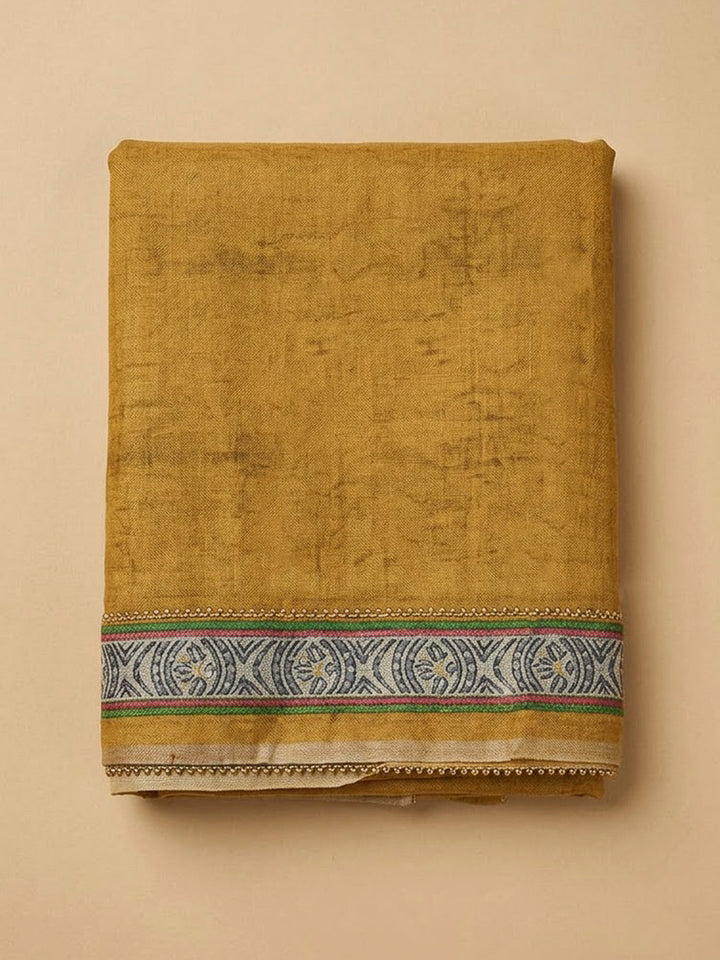 Mustard Chanderi Printed Unstitched Dress Material