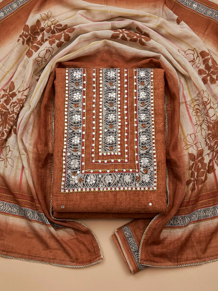 Rust Chanderi Printed Unstitched Dress Material
