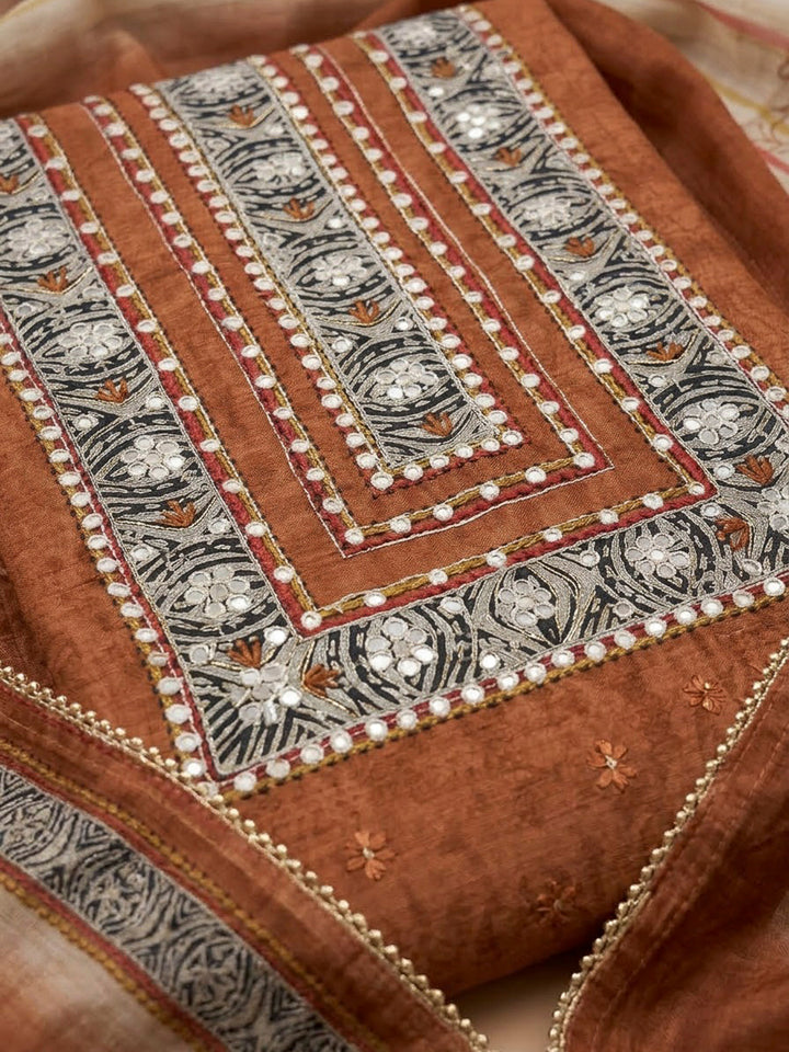 Rust Chanderi Printed Unstitched Dress Material