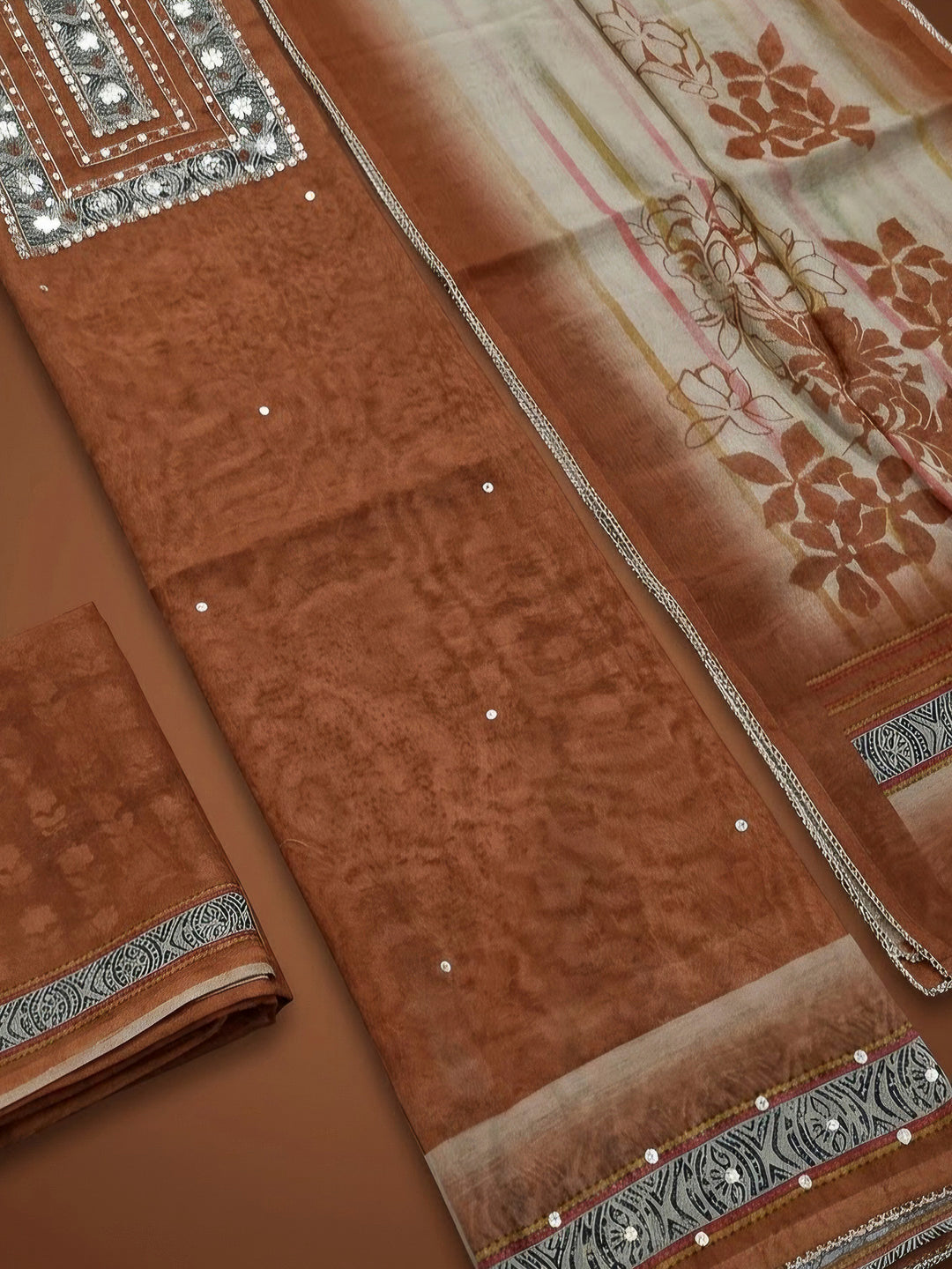 Rust Chanderi Printed Unstitched Dress Material