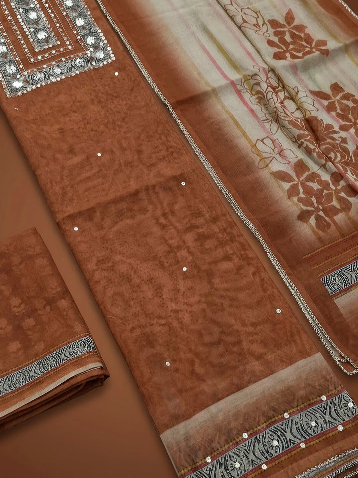 Rust Chanderi Printed Unstitched Dress Material