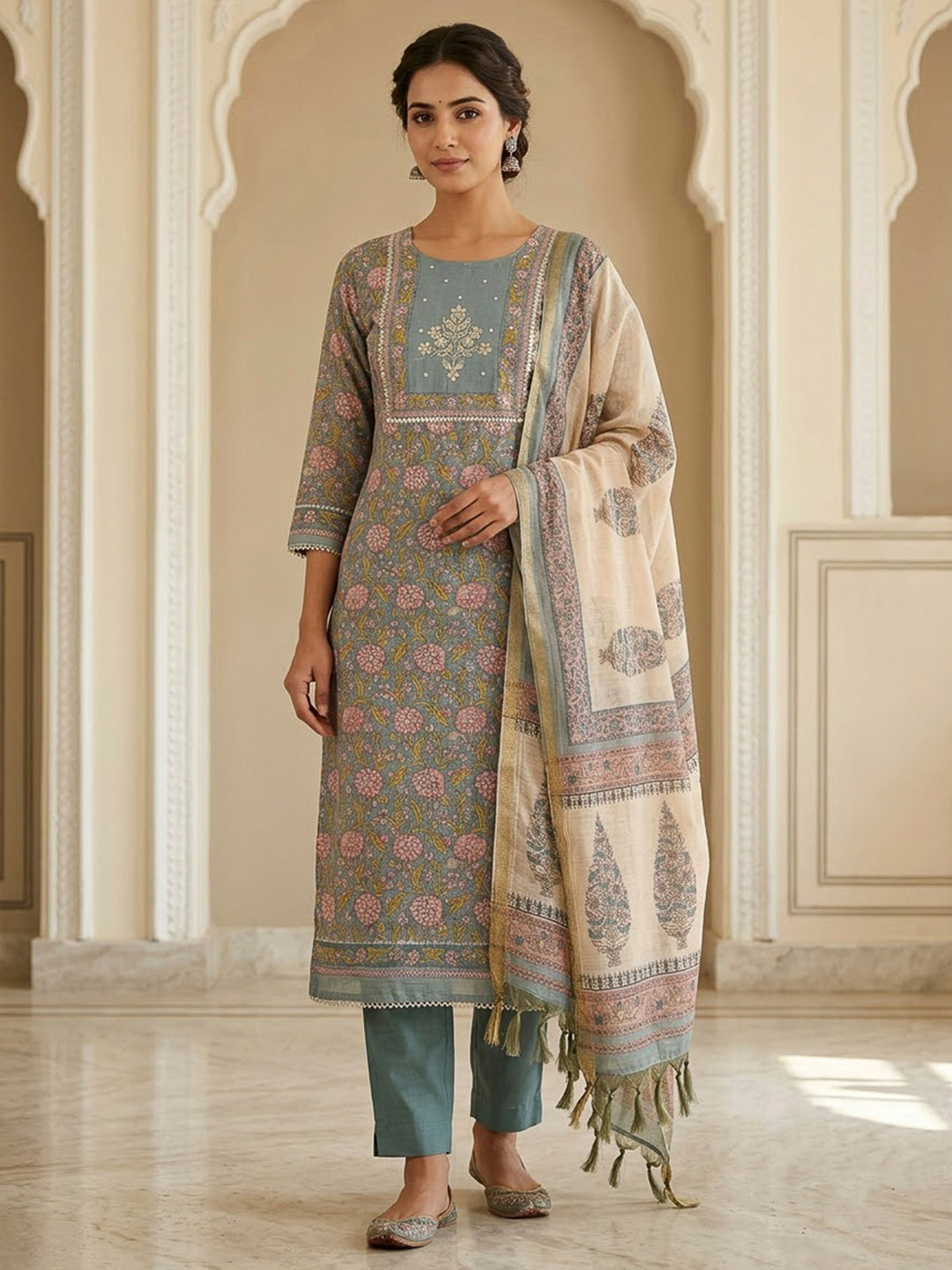 Grey Chanderi Embroidered Unstitched Dress Material