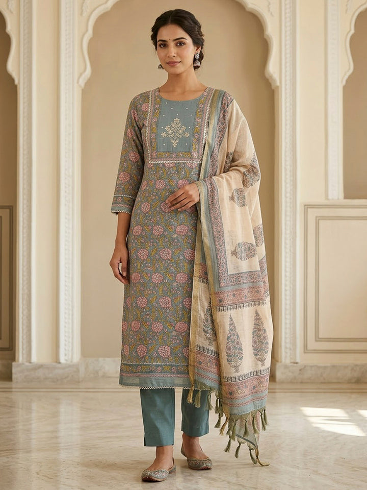 Grey Chanderi Embroidered Unstitched Dress Material
