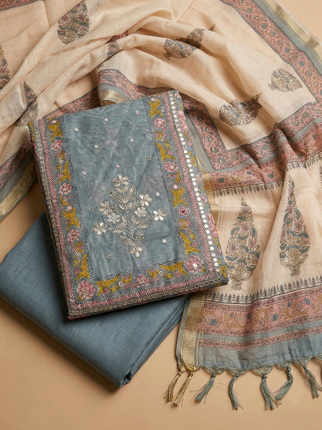 Grey Chanderi Embroidered Unstitched Dress Material