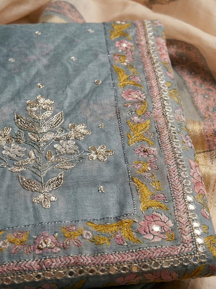 Grey Chanderi Embroidered Unstitched Dress Material
